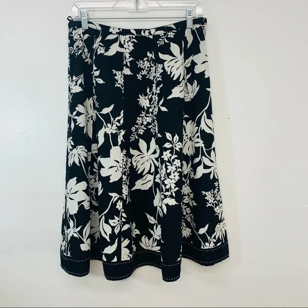 Autograph Black Floral Midi Skirt 6 Linen Blend Full Flowy Boho Vacation Office